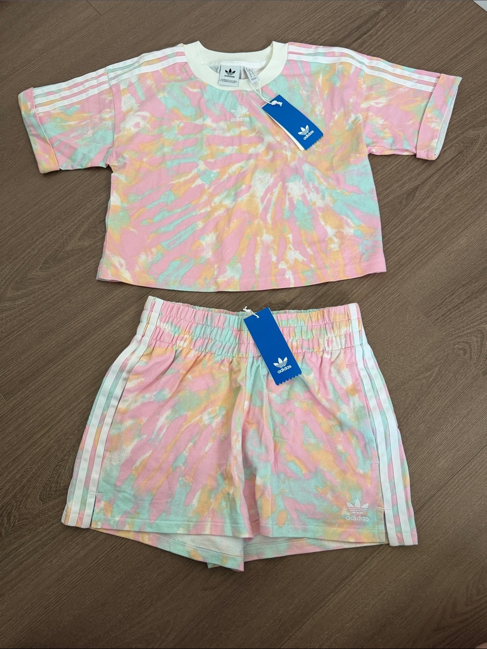 Adidas Pastel Tie-Dye Crop Tee & Shorts Set - Pink, Mint, Yellow, Cream